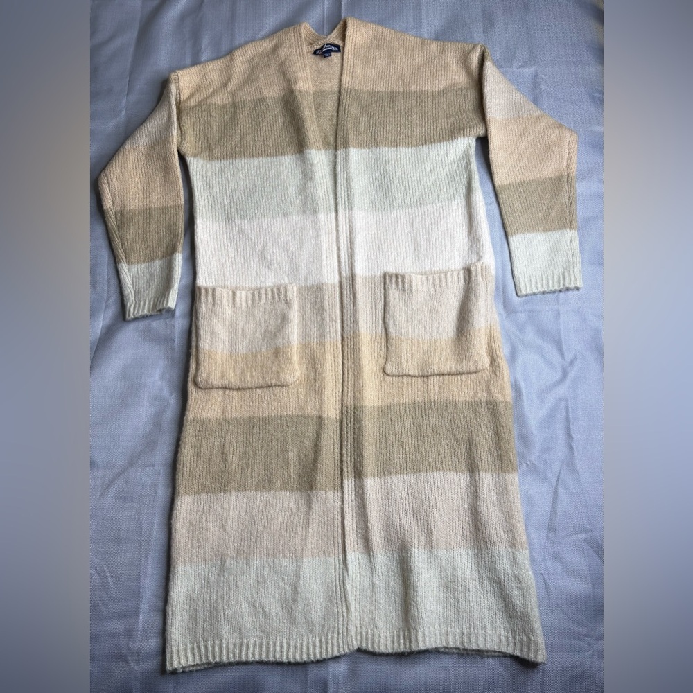 Freshman Long Striped Cardigan in Beige, Cream, Tan